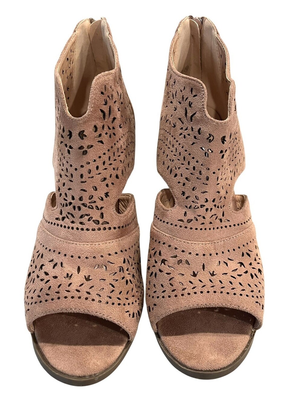 Refresh Women's Sz 10 Blush Pink Peep Toe Booties Laser Cut Faux Suede Boho Zip